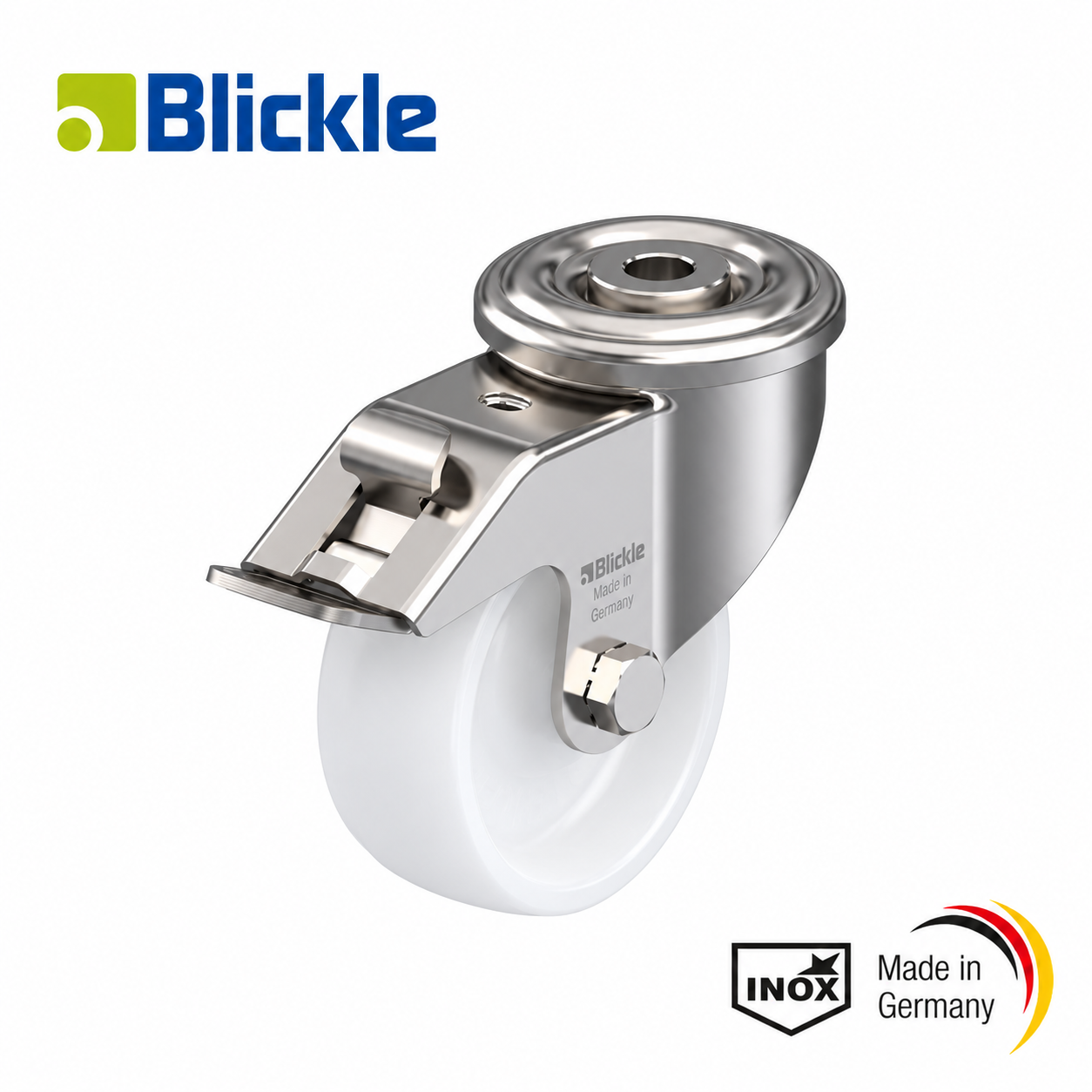 Rueda Ø75mm de nylon-poliamida inoxidable giratoria con agujeroy freno
