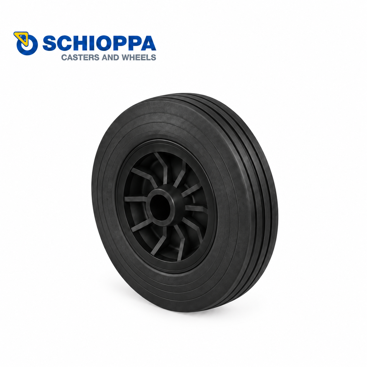 Rueda de goma maciza y núcleo de polipropileno Ø225mm con eje de 16mm
