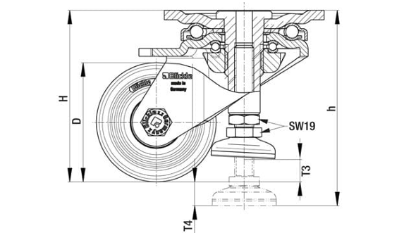 Rueda elevadora Ø75mm poliamida con pata de fijación - Imagen 2