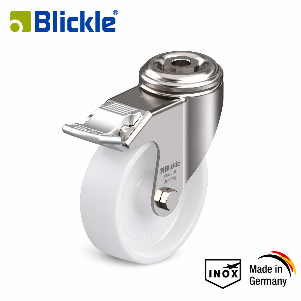 Rueda Ø100mm de nylon-poliamida inoxidable giratoria con agujero y freno