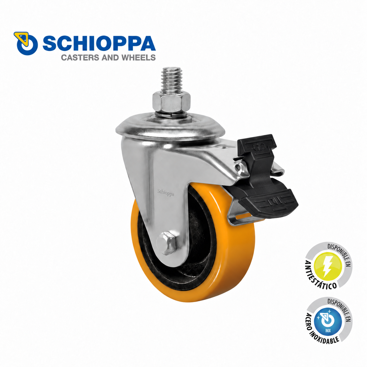 Rueda de hierro y poliuretano Ø75x32mm giratoria con tornillo y freno