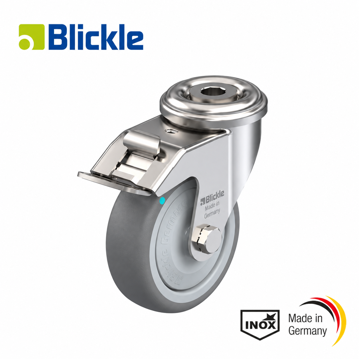 Rueda Ø100mm de goma termoplástica inox. giratoria con agujero y freno
