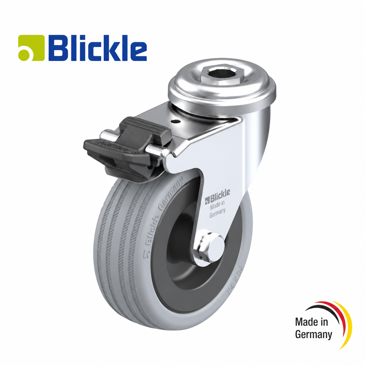 Rueda Ø75x25mm de goma maciza galv giratoria con agujero y freno