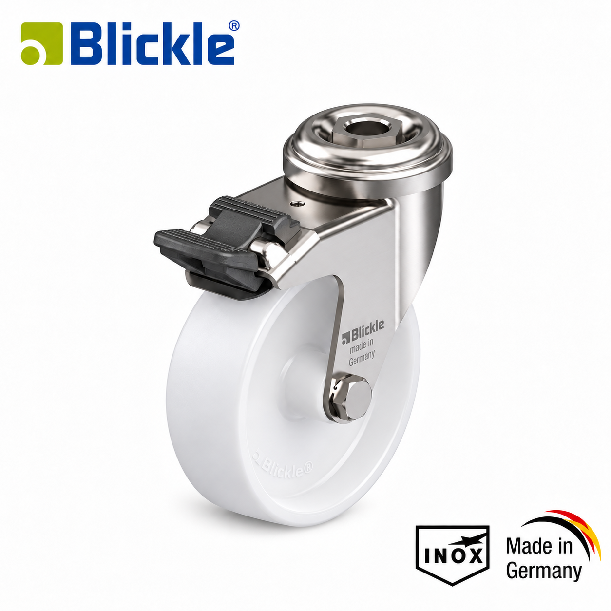 Rueda Ø75mm de nylon-poliamida inoxidable giratoria con agujero y freno